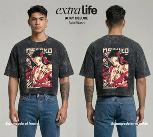 Playera streetwear premium de anime y gaming ExtraLife MX, corte boxy deluxe mineral wash heavyweight en color Acid Wash, moda urbana mexicana de culto.