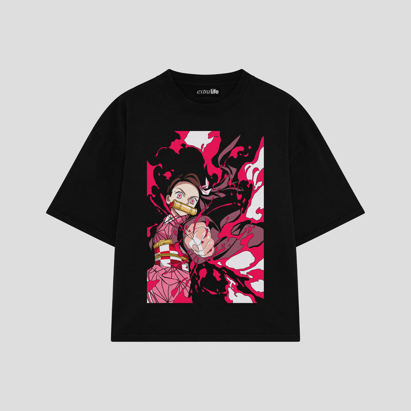 Playera streetwear premium de anime y gaming ExtraLife MX, corte boxy oversized drop shoulder heavyweight en color Deep Black y Off-White, moda urbana mexicana de culto.