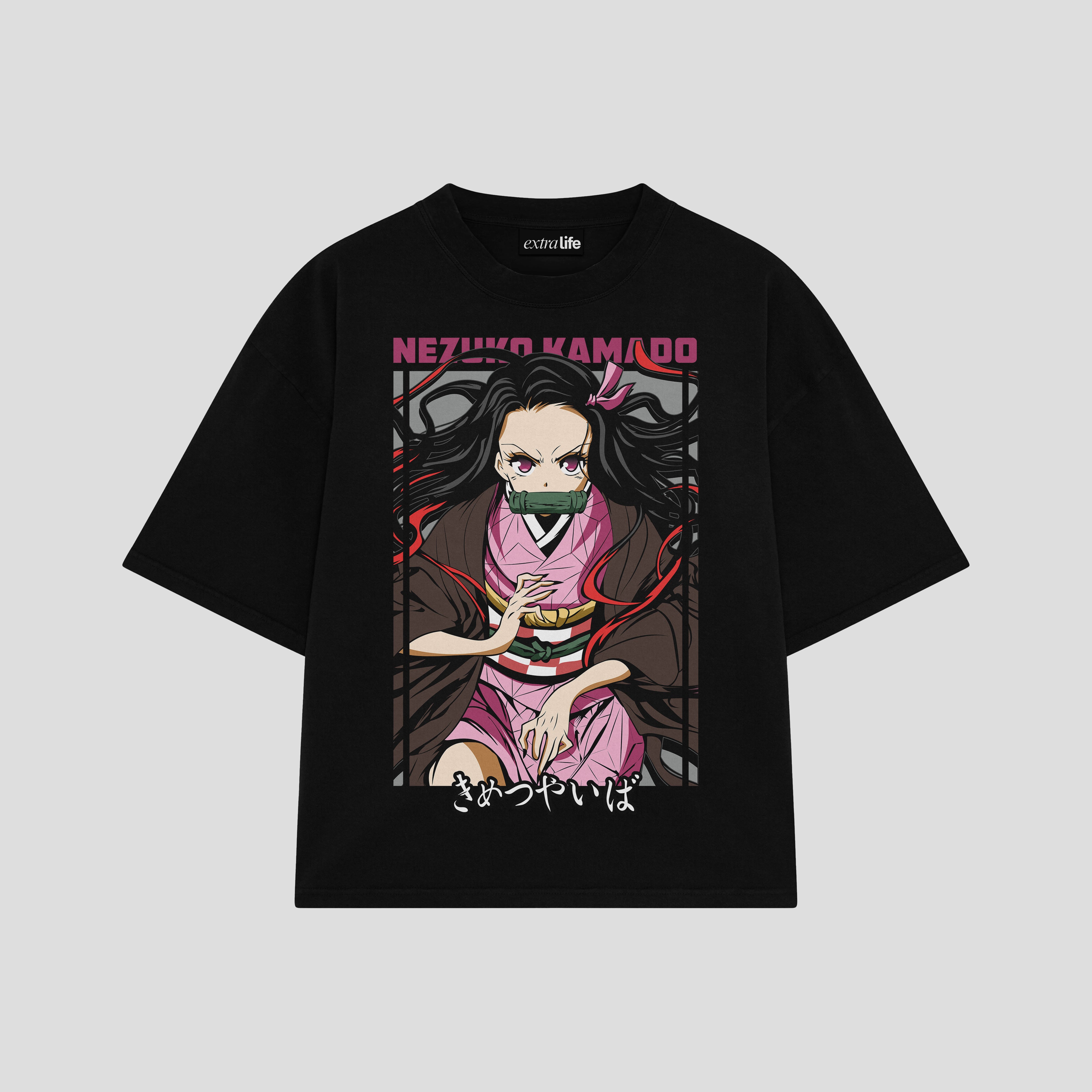 Playera streetwear premium de anime y gaming ExtraLife MX, corte boxy oversized drop shoulder heavyweight en color Deep Black y Off-White, moda urbana mexicana de culto.