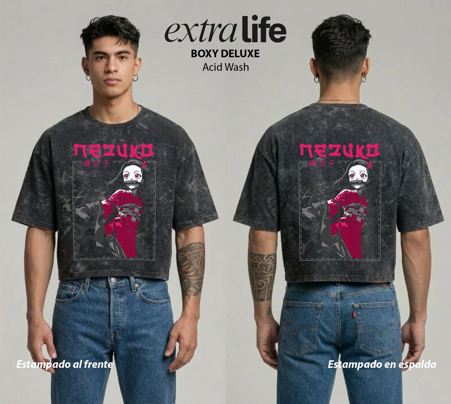 Playera streetwear premium de anime y gaming ExtraLife MX, corte boxy deluxe mineral wash heavyweight en color Acid Wash, moda urbana mexicana de culto.
