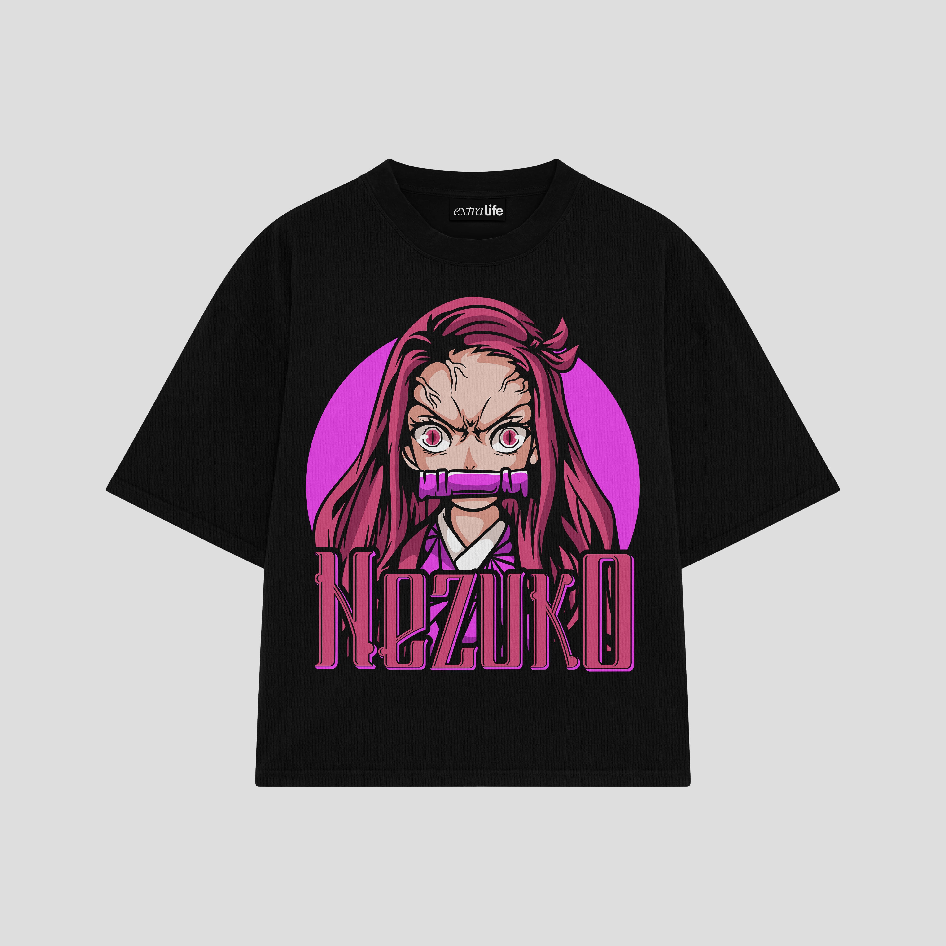 Playera streetwear premium de anime y gaming ExtraLife MX, corte boxy oversized drop shoulder heavyweight en color Deep Black y Off-White, moda urbana mexicana de culto.