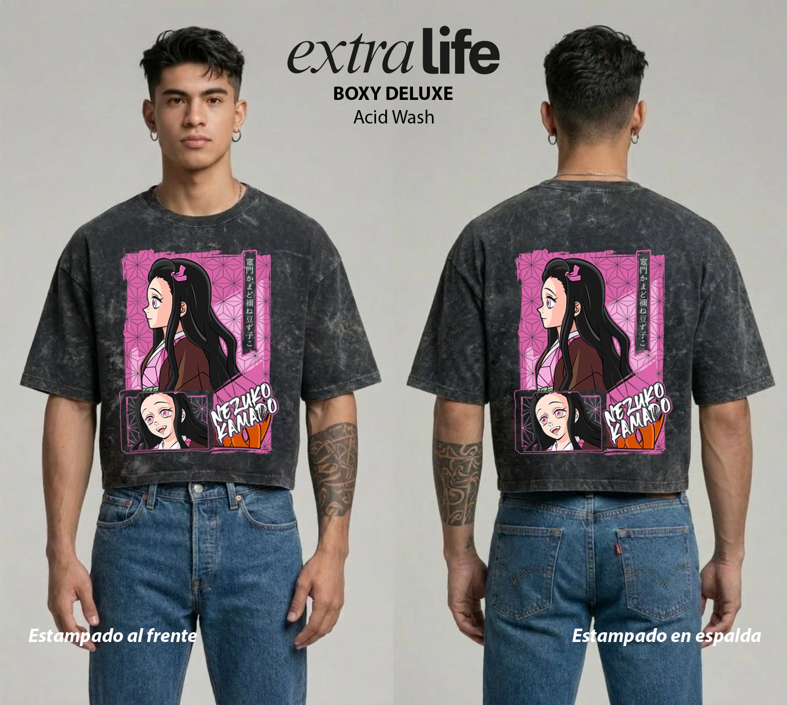 Playera streetwear premium de anime y gaming ExtraLife MX, corte boxy deluxe mineral wash heavyweight en color Acid Wash, moda urbana mexicana de culto.