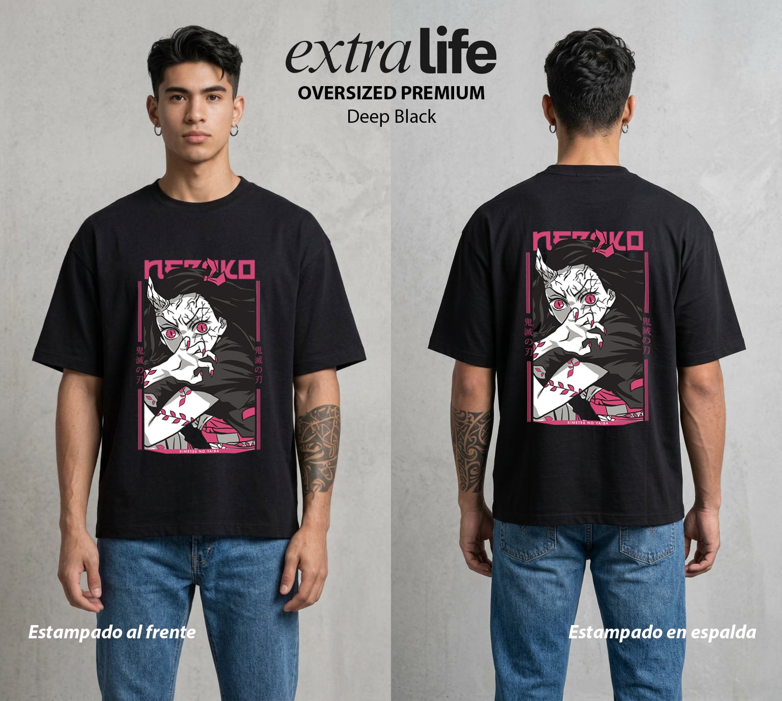 Cazadores de la Noche | Bambu y Amanecer #01141 - Playera Oversized Premium | Deep Black - Foto en modelo