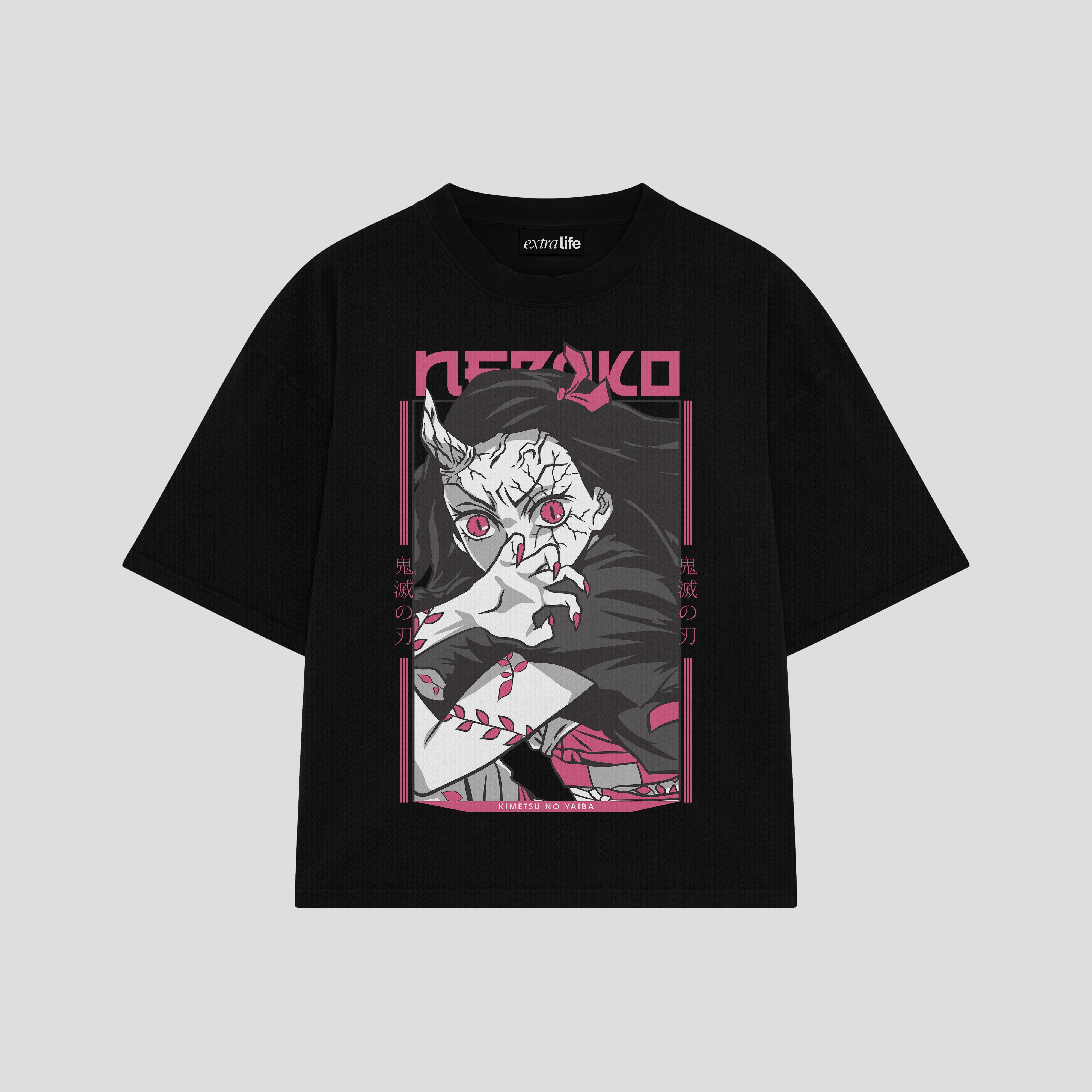 Playera streetwear premium de anime y gaming ExtraLife MX, corte boxy oversized drop shoulder heavyweight en color Deep Black y Off-White, moda urbana mexicana de culto.