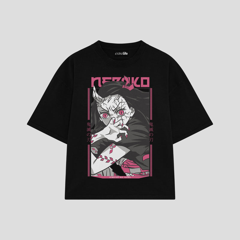 Playera streetwear premium de anime y gaming ExtraLife MX, corte boxy oversized drop shoulder heavyweight en color Deep Black y Off-White, moda urbana mexicana de culto.