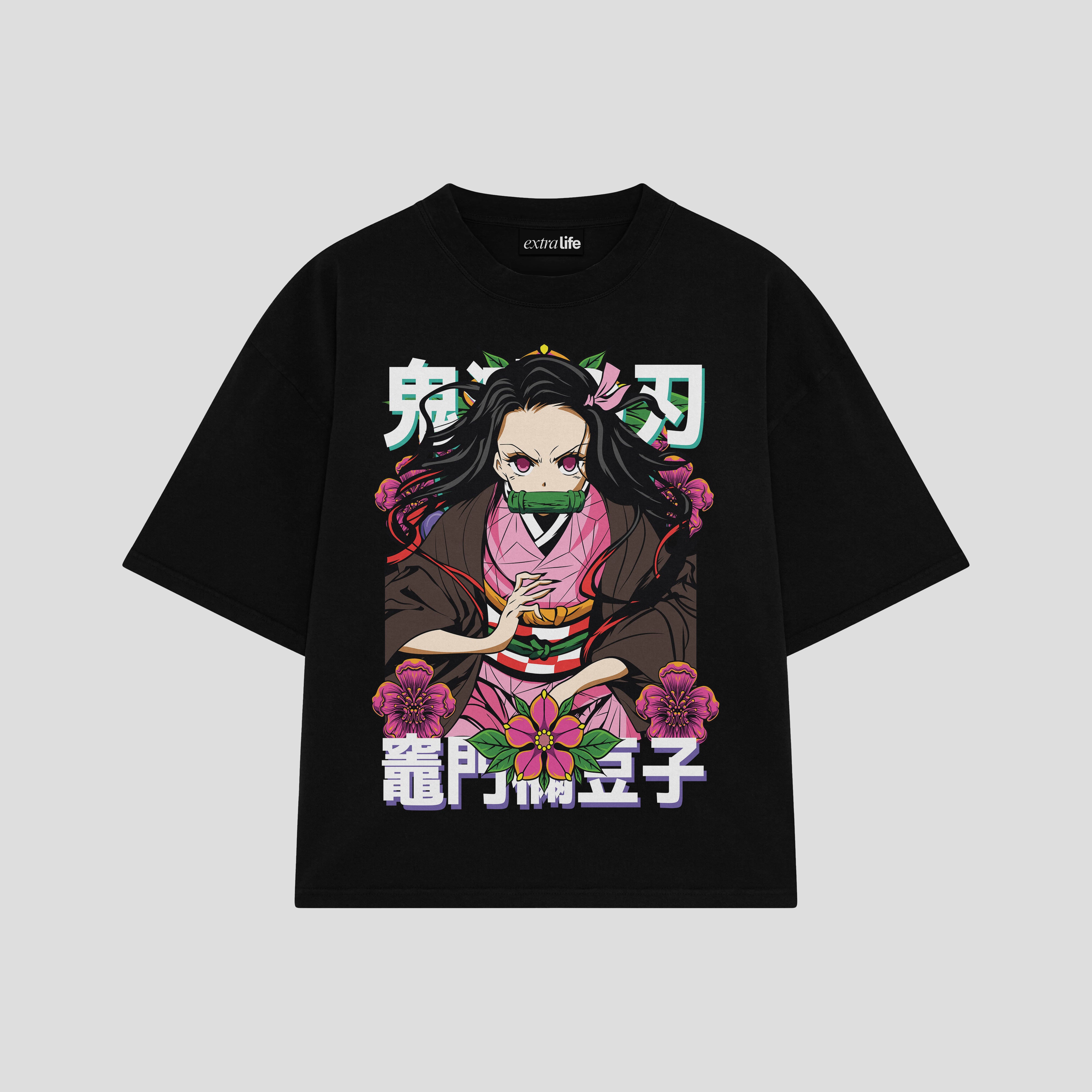 Playera streetwear premium de anime y gaming ExtraLife MX, corte boxy oversized drop shoulder heavyweight en color Deep Black y Off-White, moda urbana mexicana de culto.