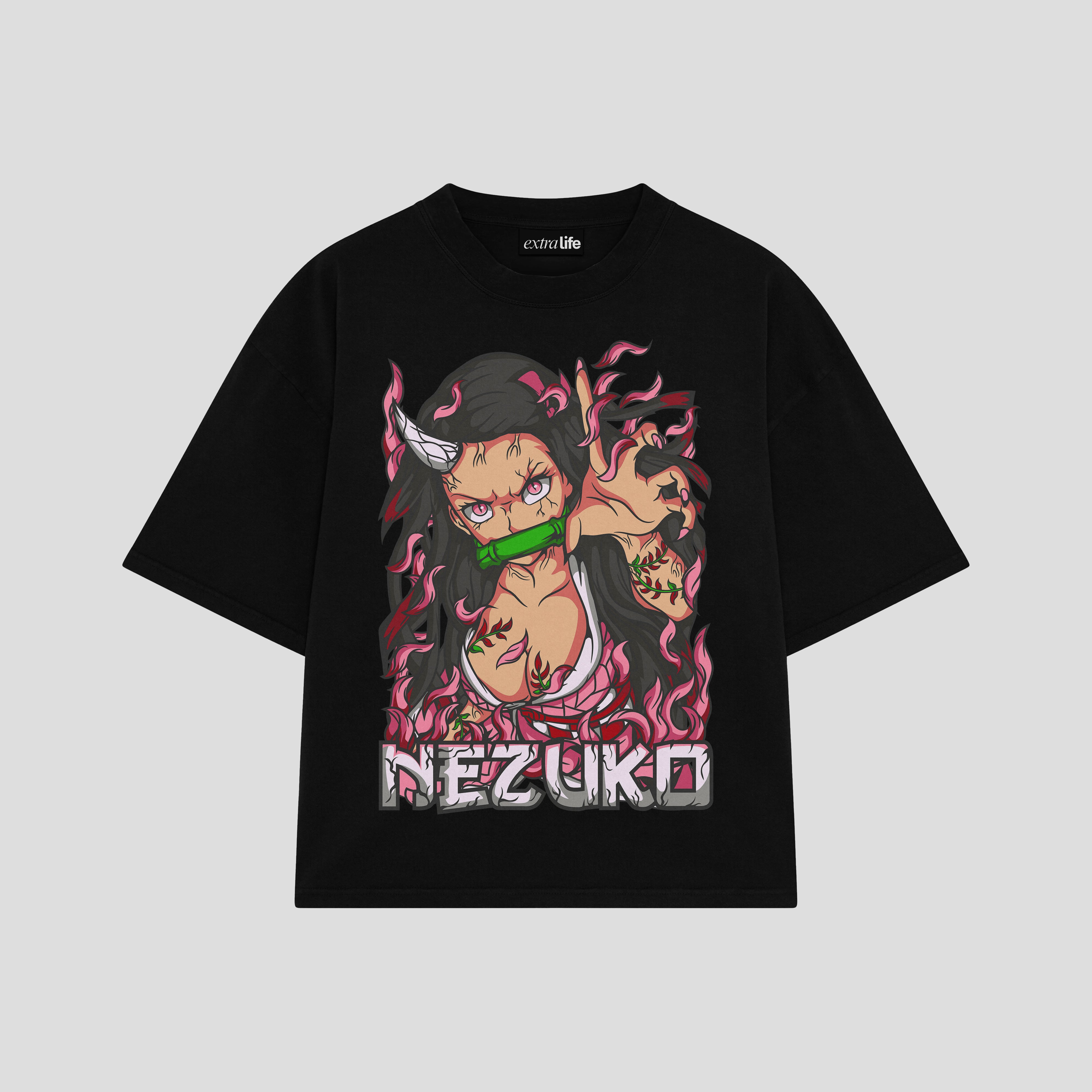 Playera streetwear premium de anime y gaming ExtraLife MX, corte boxy oversized drop shoulder heavyweight en color Deep Black y Off-White, moda urbana mexicana de culto.