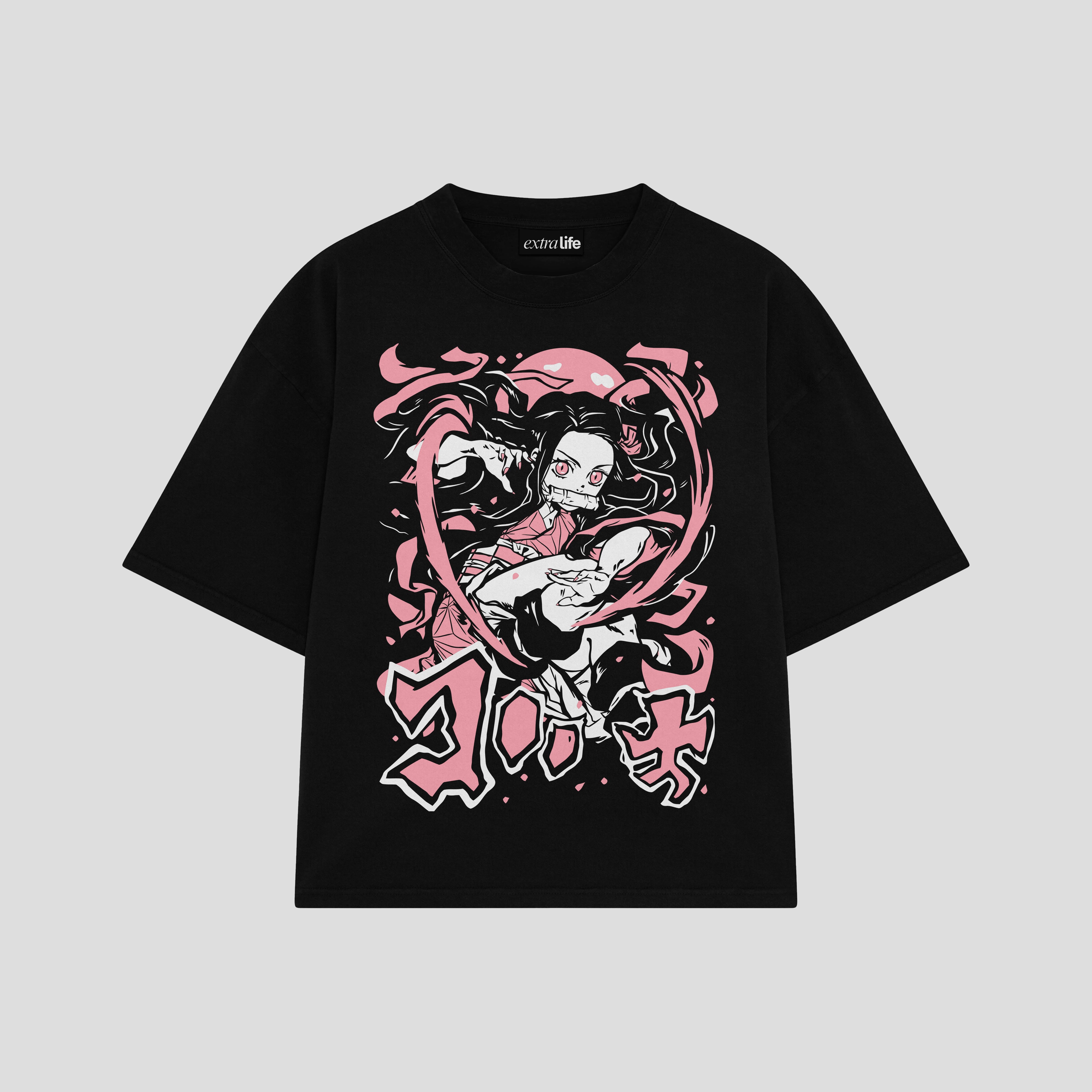 Playera streetwear premium de anime y gaming ExtraLife MX, corte boxy oversized drop shoulder heavyweight en color Deep Black y Off-White, moda urbana mexicana de culto.