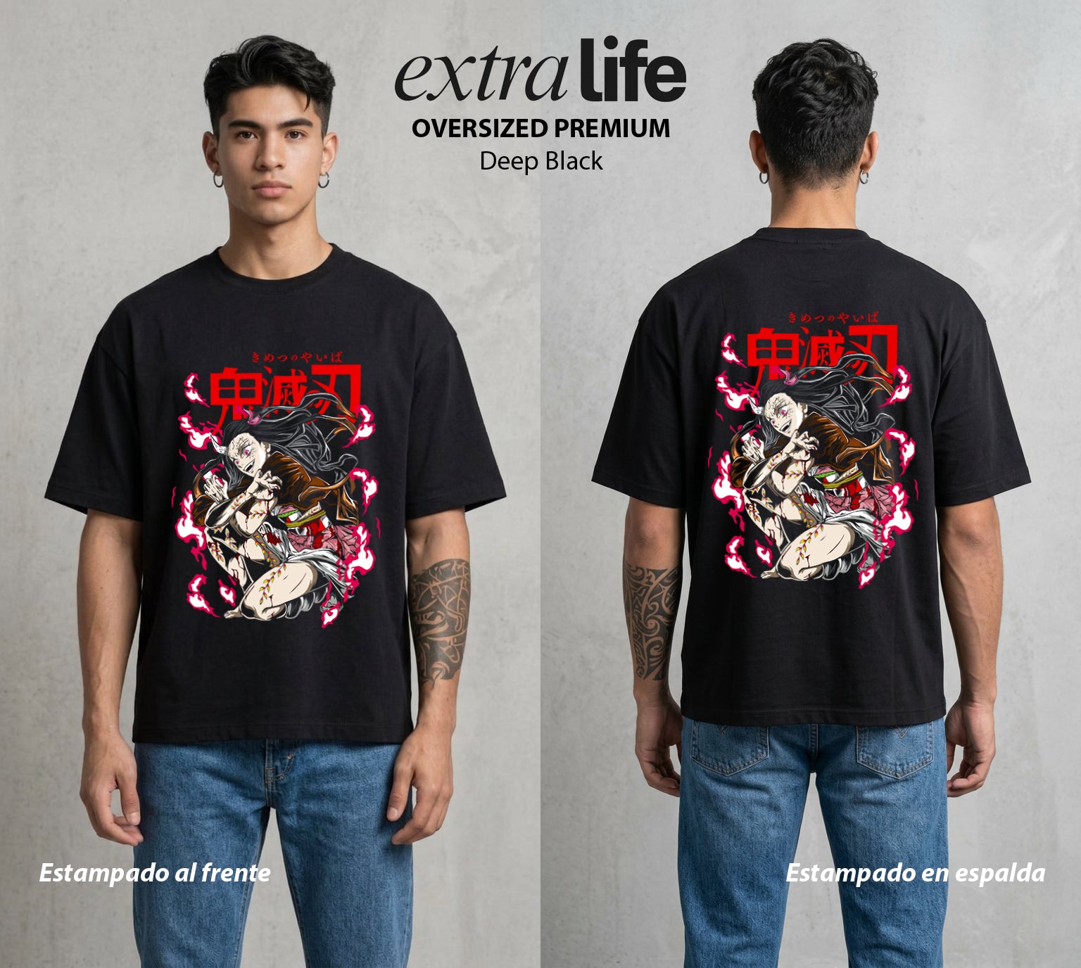 Cazadores de la Noche | Bambu y Amanecer #01148 - Playera Oversized Premium | Deep Black - Foto en modelo