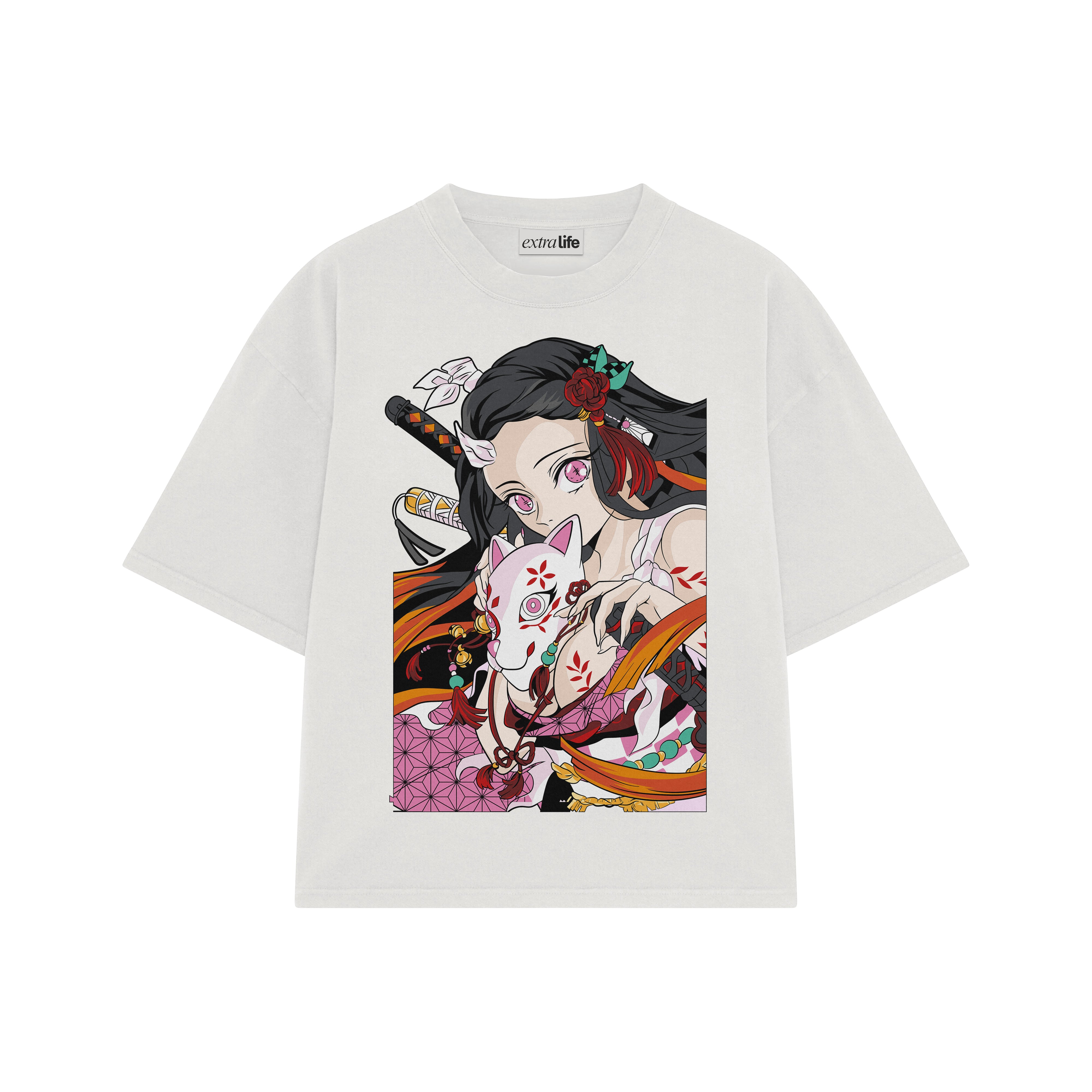 Playera streetwear premium de anime y gaming ExtraLife MX, corte boxy oversized drop shoulder heavyweight en color Deep Black y Off-White, moda urbana mexicana de culto.