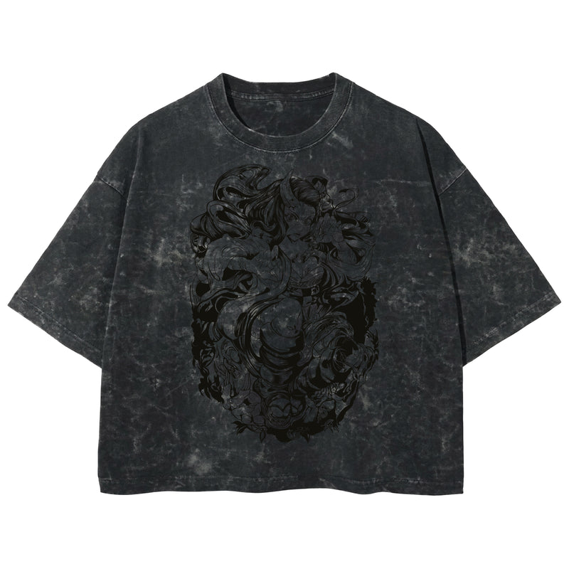 Playera streetwear premium de anime y gaming ExtraLife MX, corte boxy deluxe mineral wash heavyweight en color Acid Wash, moda urbana mexicana de culto.