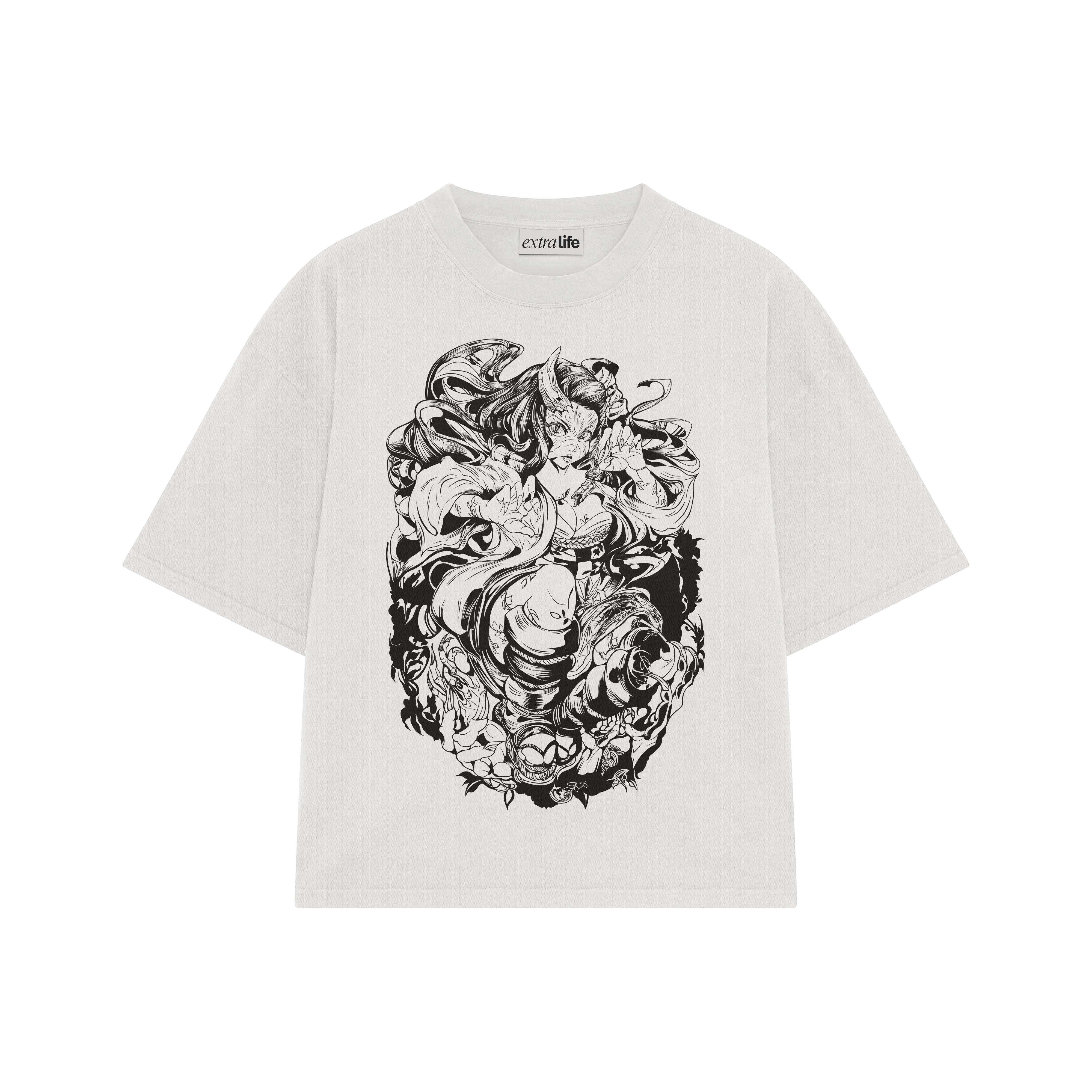 Playera streetwear premium de anime y gaming ExtraLife MX, corte boxy oversized drop shoulder heavyweight en color Deep Black y Off-White, moda urbana mexicana de culto.