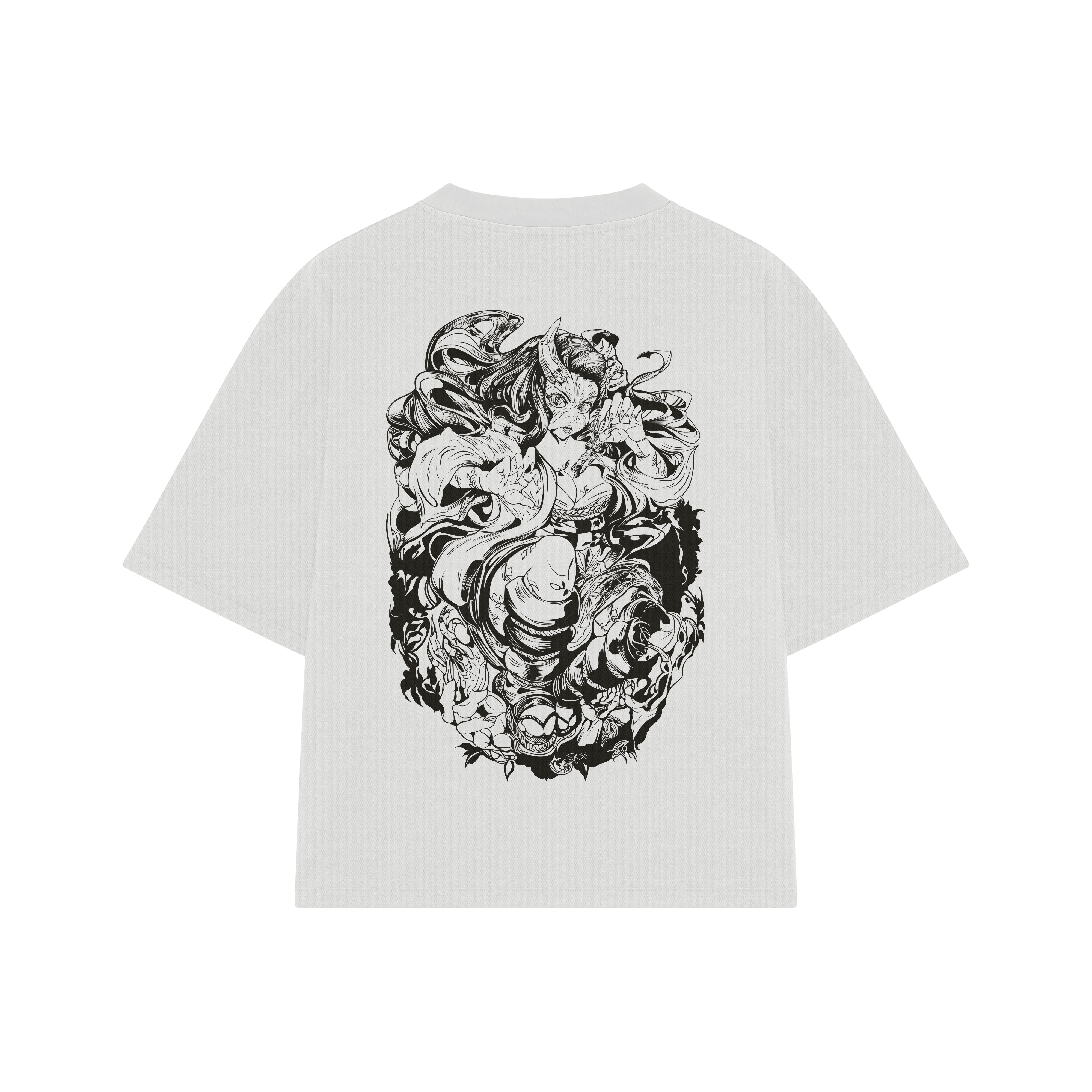 Playera streetwear premium de anime y gaming ExtraLife MX, corte boxy oversized drop shoulder heavyweight en color Deep Black y Off-White, moda urbana mexicana de culto.