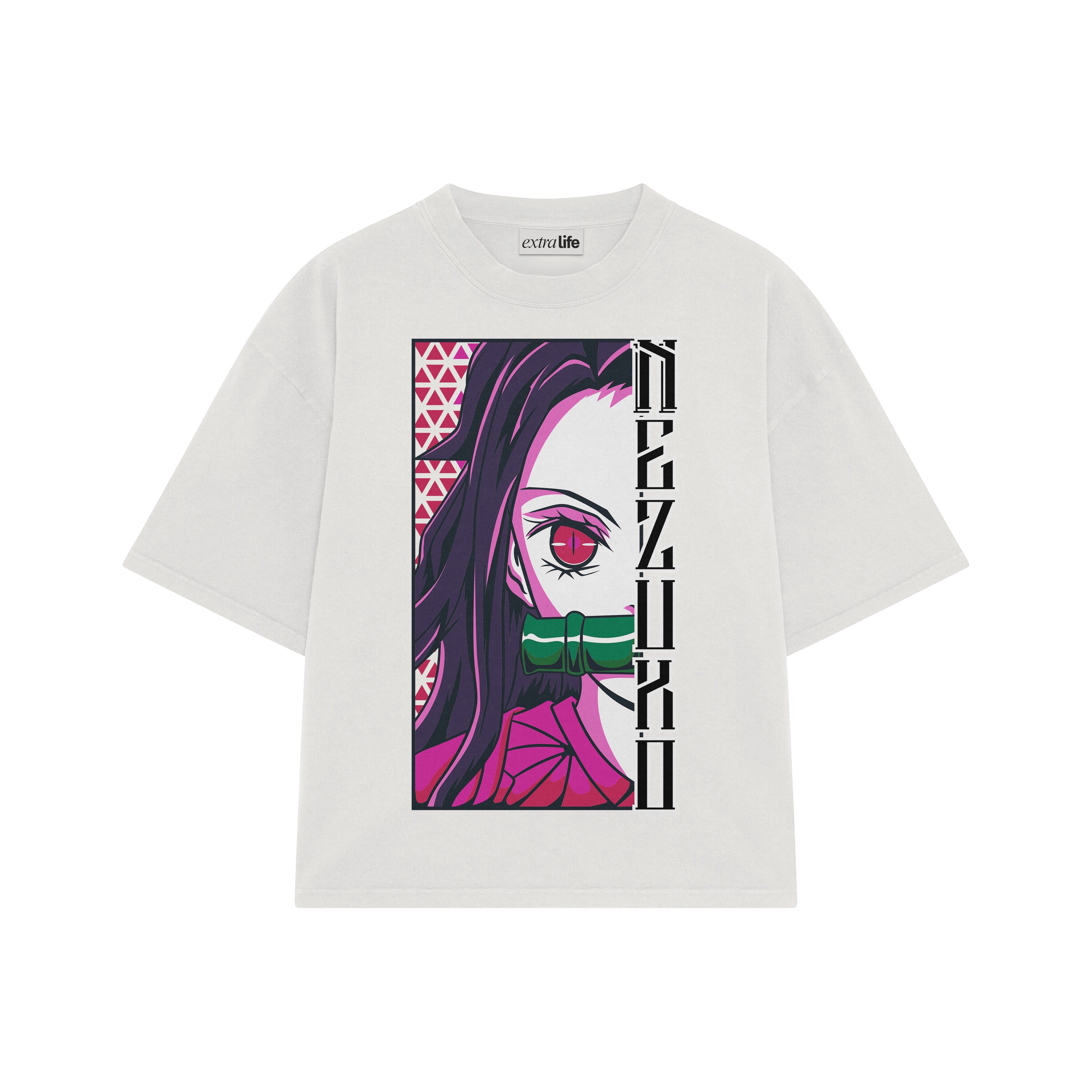 Playera streetwear premium de anime y gaming ExtraLife MX, corte boxy oversized drop shoulder heavyweight en color Deep Black y Off-White, moda urbana mexicana de culto.