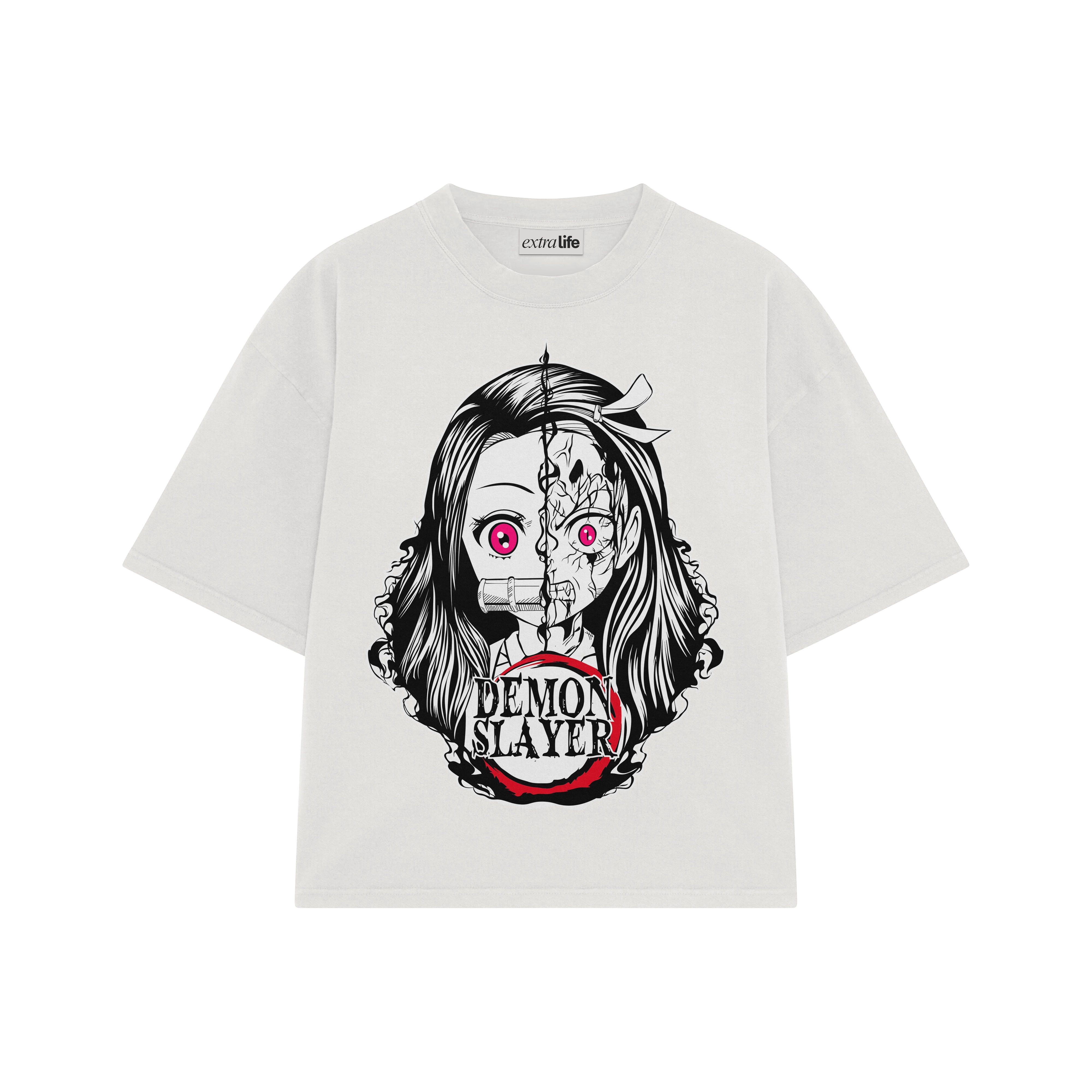 Playera streetwear premium de anime y gaming ExtraLife MX, corte boxy oversized drop shoulder heavyweight en color Deep Black y Off-White, moda urbana mexicana de culto.