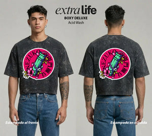 Playera streetwear premium de anime y gaming ExtraLife MX, corte boxy deluxe mineral wash heavyweight en color Acid Wash, moda urbana mexicana de culto.