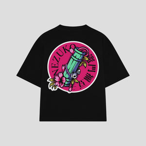 Playera streetwear premium de anime y gaming ExtraLife MX, corte boxy oversized drop shoulder heavyweight en color Deep Black y Off-White, moda urbana mexicana de culto.