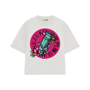 Playera streetwear premium de anime y gaming ExtraLife MX, corte boxy oversized drop shoulder heavyweight en color Deep Black y Off-White, moda urbana mexicana de culto.