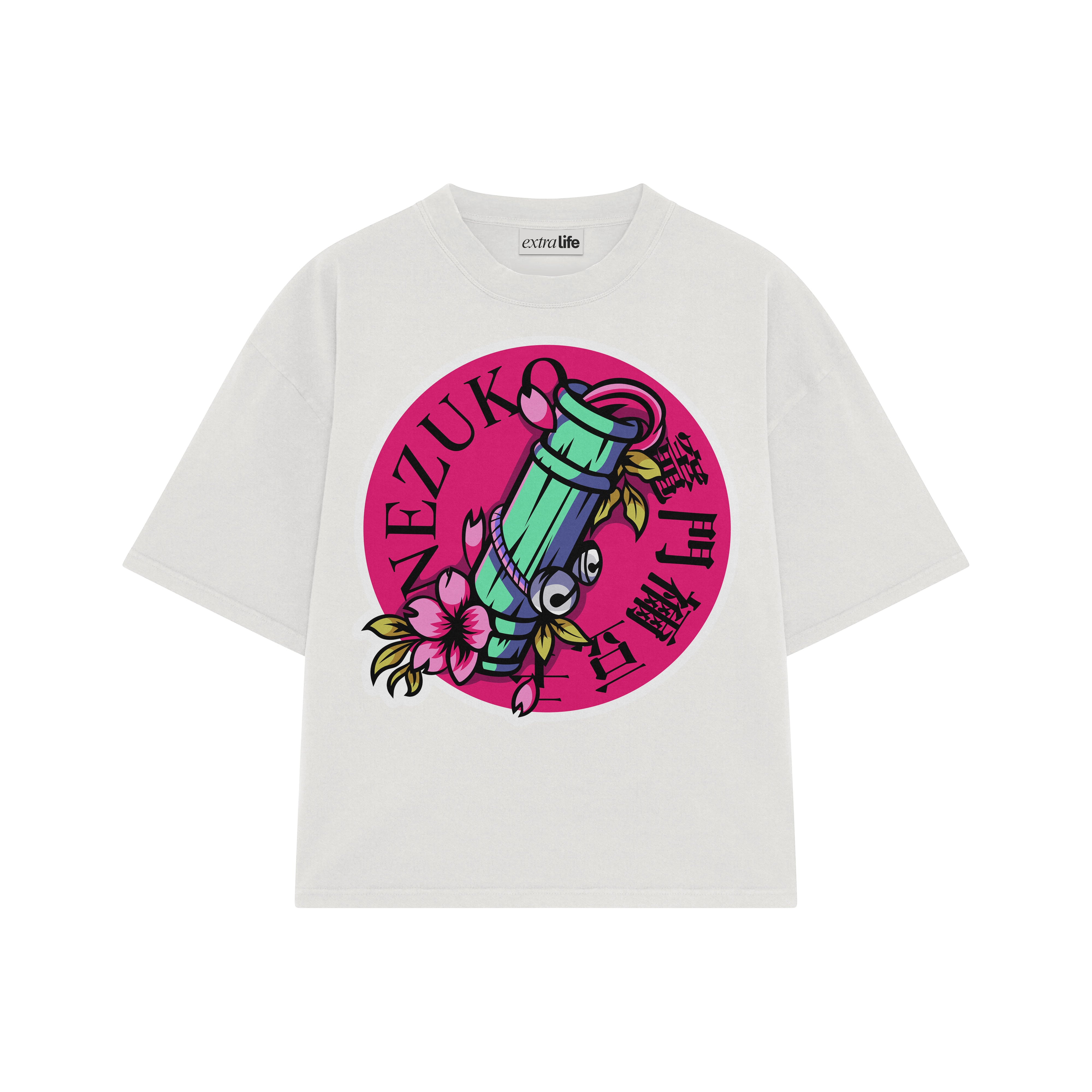 Playera streetwear premium de anime y gaming ExtraLife MX, corte boxy oversized drop shoulder heavyweight en color Deep Black y Off-White, moda urbana mexicana de culto.