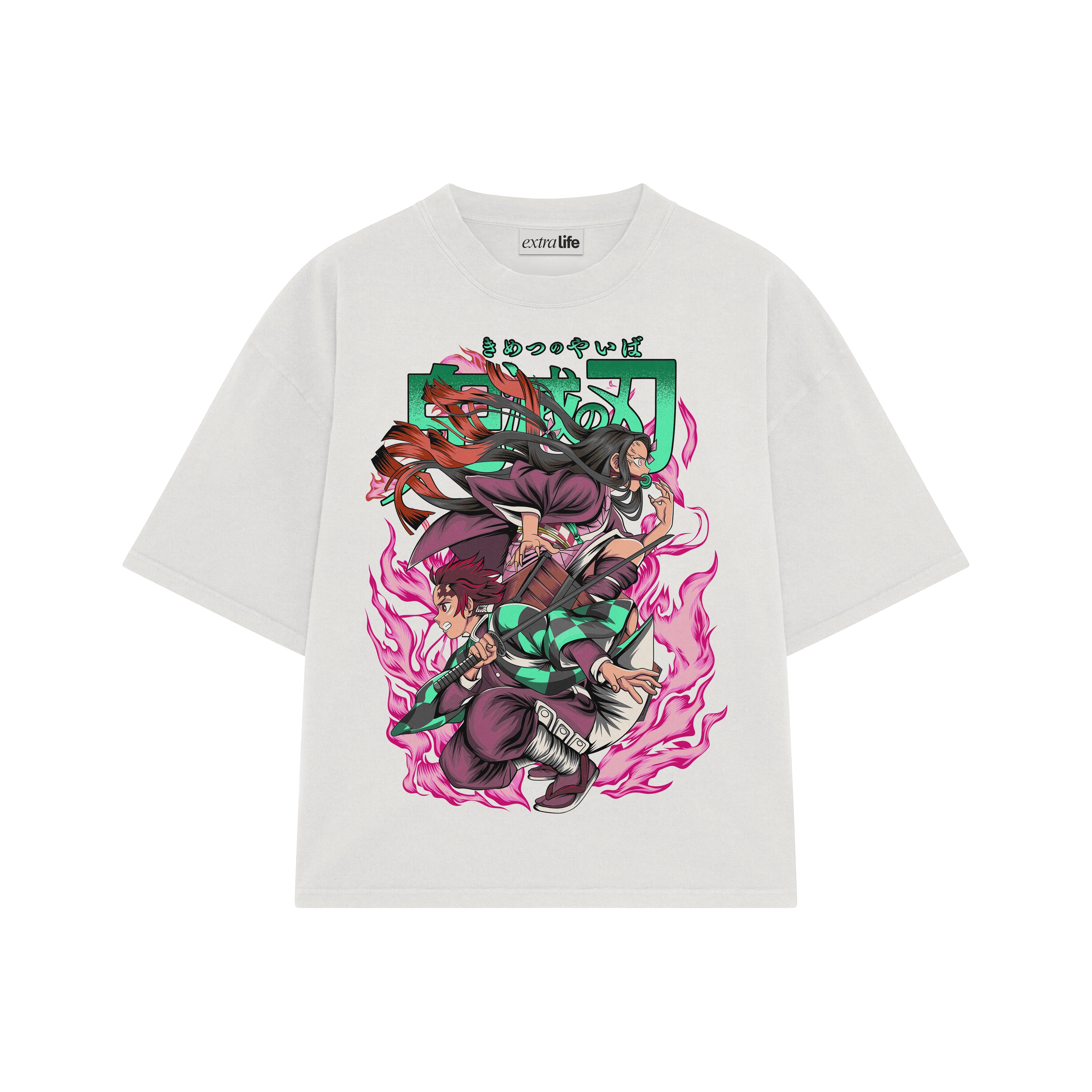 Playera streetwear premium de anime y gaming ExtraLife MX, corte boxy oversized drop shoulder heavyweight en color Deep Black y Off-White, moda urbana mexicana de culto.