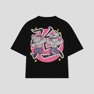 Playera streetwear premium de anime y gaming ExtraLife MX, corte boxy oversized drop shoulder heavyweight en color Deep Black y Off-White, moda urbana mexicana de culto.