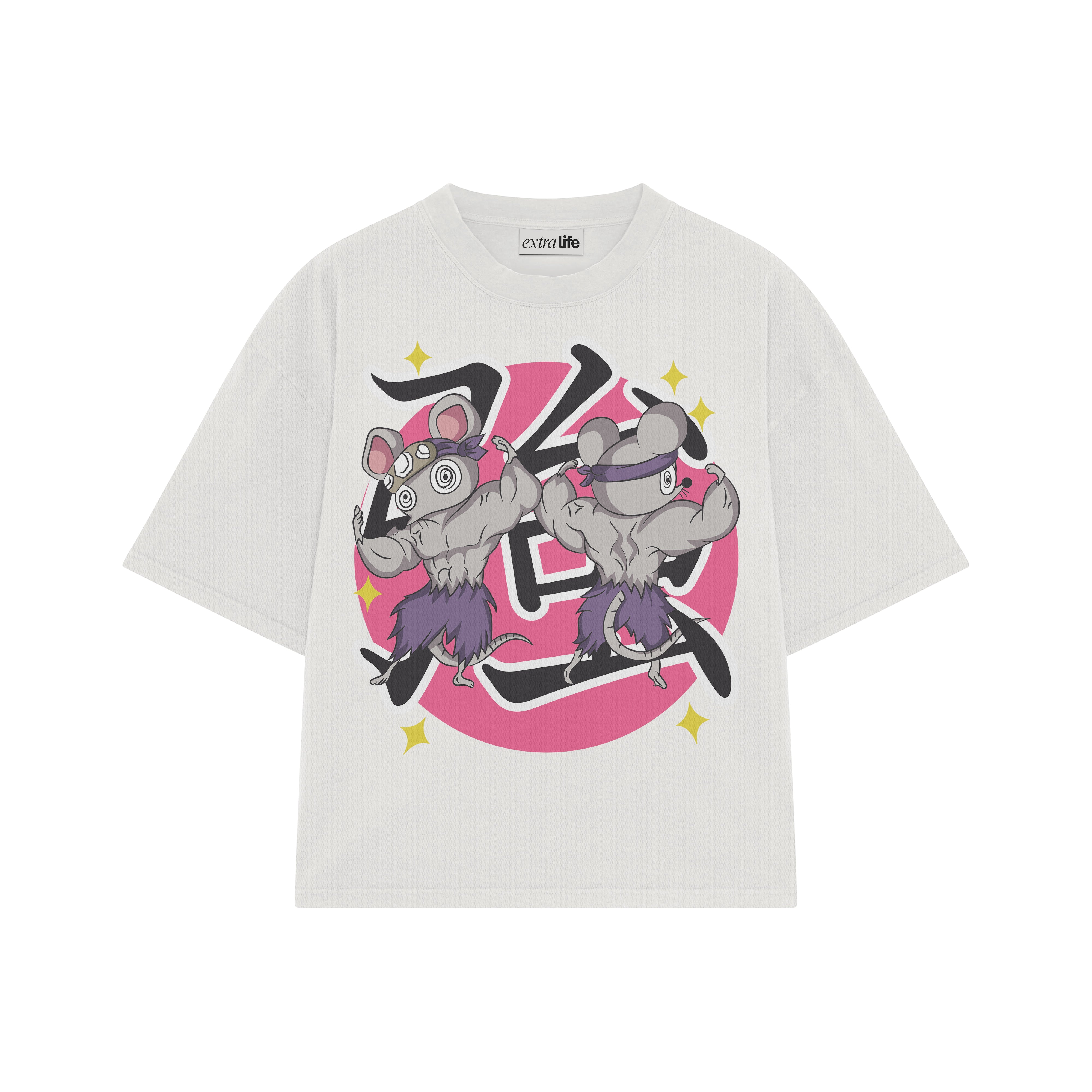 Playera streetwear premium de anime y gaming ExtraLife MX, corte boxy oversized drop shoulder heavyweight en color Deep Black y Off-White, moda urbana mexicana de culto.