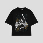 Playera streetwear premium de anime y gaming ExtraLife MX, corte boxy oversized drop shoulder heavyweight en color Deep Black y Off-White, moda urbana mexicana de culto.