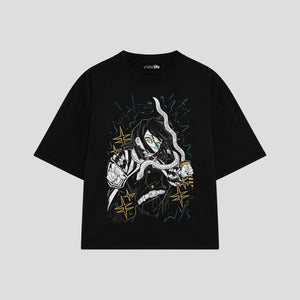 Playera streetwear premium de anime y gaming ExtraLife MX, corte boxy oversized drop shoulder heavyweight en color Deep Black y Off-White, moda urbana mexicana de culto.