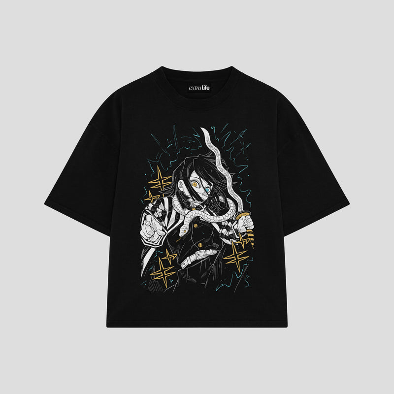 Playera streetwear premium de anime y gaming ExtraLife MX, corte boxy oversized drop shoulder heavyweight en color Deep Black y Off-White, moda urbana mexicana de culto.