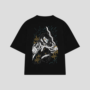 Playera streetwear premium de anime y gaming ExtraLife MX, corte boxy oversized drop shoulder heavyweight en color Deep Black y Off-White, moda urbana mexicana de culto.