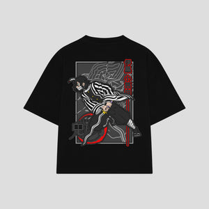 Playera streetwear premium de anime y gaming ExtraLife MX, corte boxy oversized drop shoulder heavyweight en color Deep Black y Off-White, moda urbana mexicana de culto.
