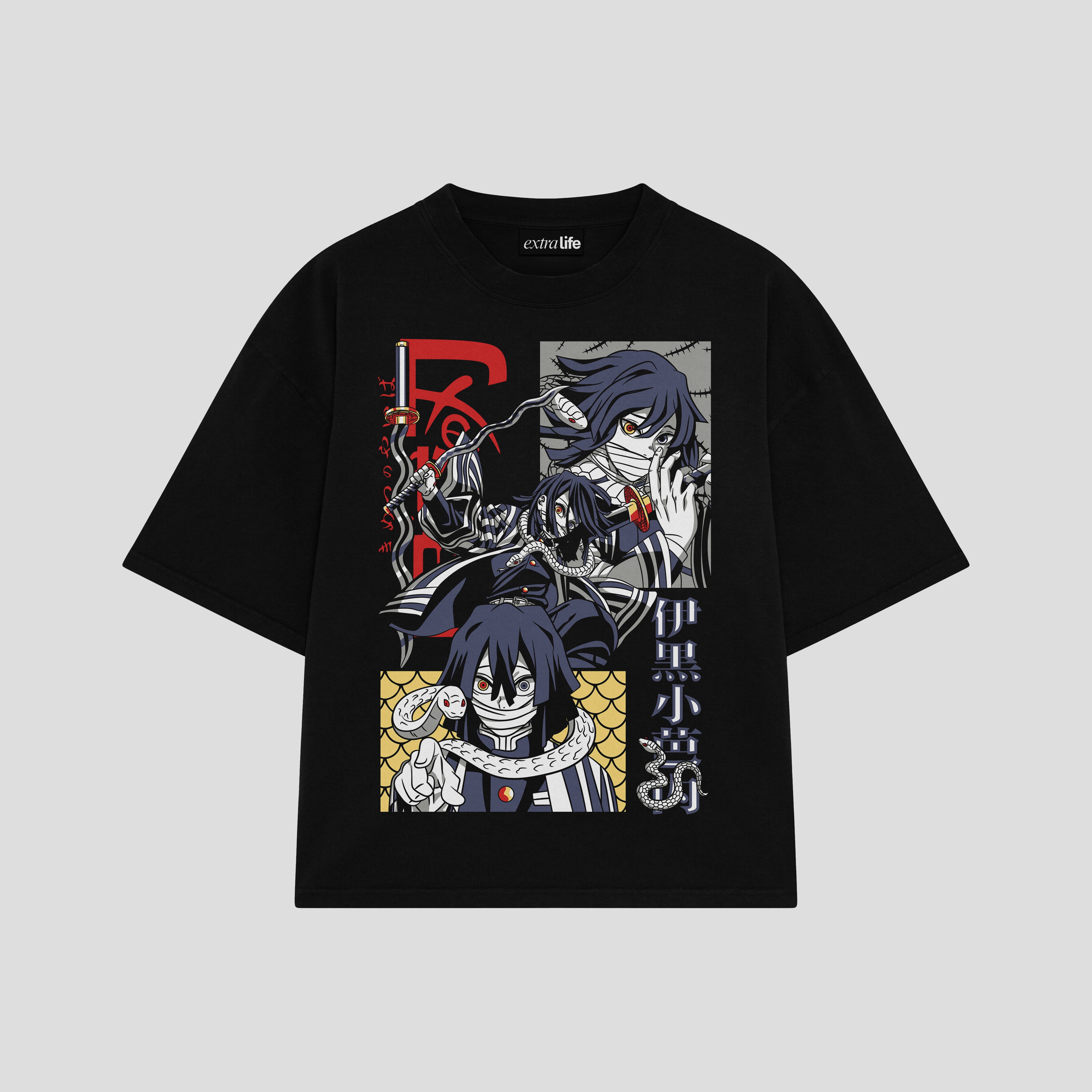 Playera streetwear premium de anime y gaming ExtraLife MX, corte boxy oversized drop shoulder heavyweight en color Deep Black y Off-White, moda urbana mexicana de culto.