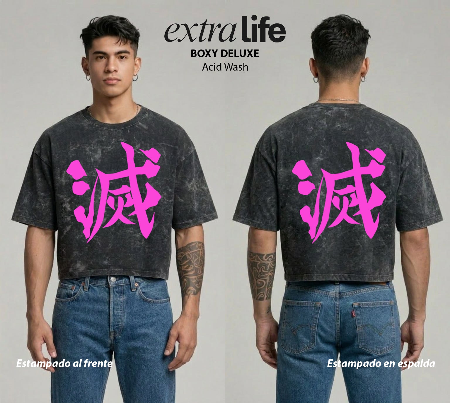 Playera streetwear premium de anime y gaming ExtraLife MX, corte boxy deluxe mineral wash heavyweight en color Acid Wash, moda urbana mexicana de culto.