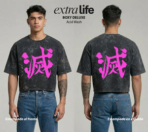 Playera streetwear premium de anime y gaming ExtraLife MX, corte boxy deluxe mineral wash heavyweight en color Acid Wash, moda urbana mexicana de culto.