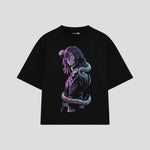 Playera streetwear premium de anime y gaming ExtraLife MX, corte boxy oversized drop shoulder heavyweight en color Deep Black y Off-White, moda urbana mexicana de culto.