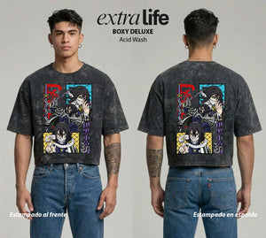 Playera streetwear premium de anime y gaming ExtraLife MX, corte boxy deluxe mineral wash heavyweight en color Acid Wash, moda urbana mexicana de culto.