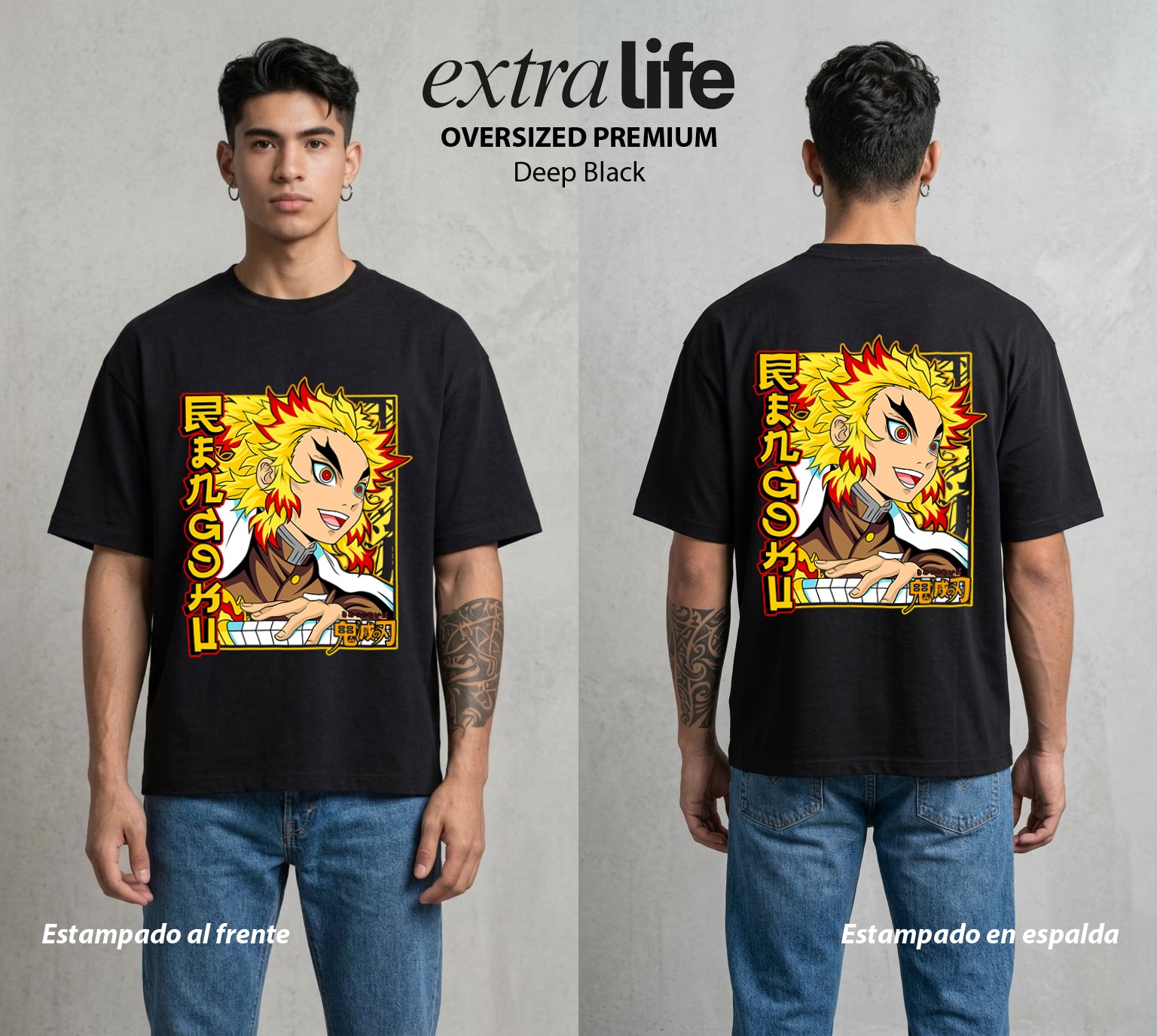 Cazadores de la Noche | Llamas del Corazon #01169 - Playera Oversized Premium | Deep Black - Foto en modelo