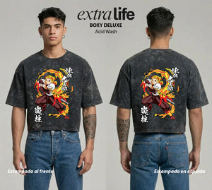 Playera streetwear premium de anime y gaming ExtraLife MX, corte boxy deluxe mineral wash heavyweight en color Acid Wash, moda urbana mexicana de culto.