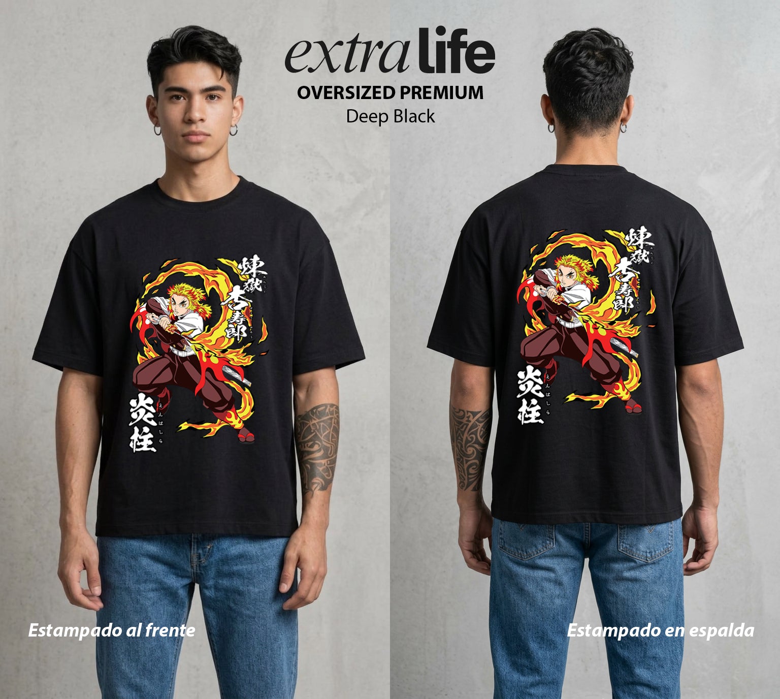 Cazadores de la Noche | El Corazon Ardiente #01170 - Playera Oversized Premium | Deep Black - Foto en modelo