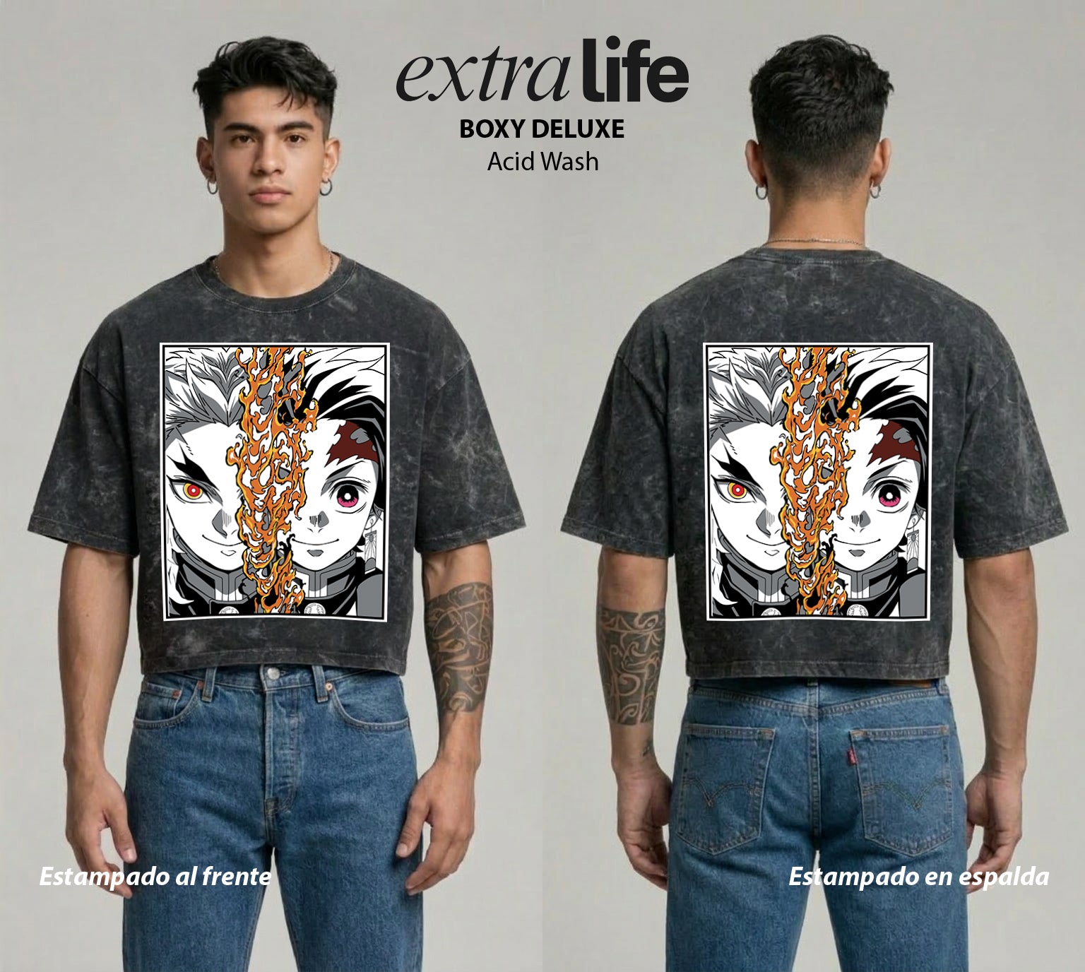 Playera streetwear premium de anime y gaming ExtraLife MX, corte boxy deluxe mineral wash heavyweight en color Acid Wash, moda urbana mexicana de culto.