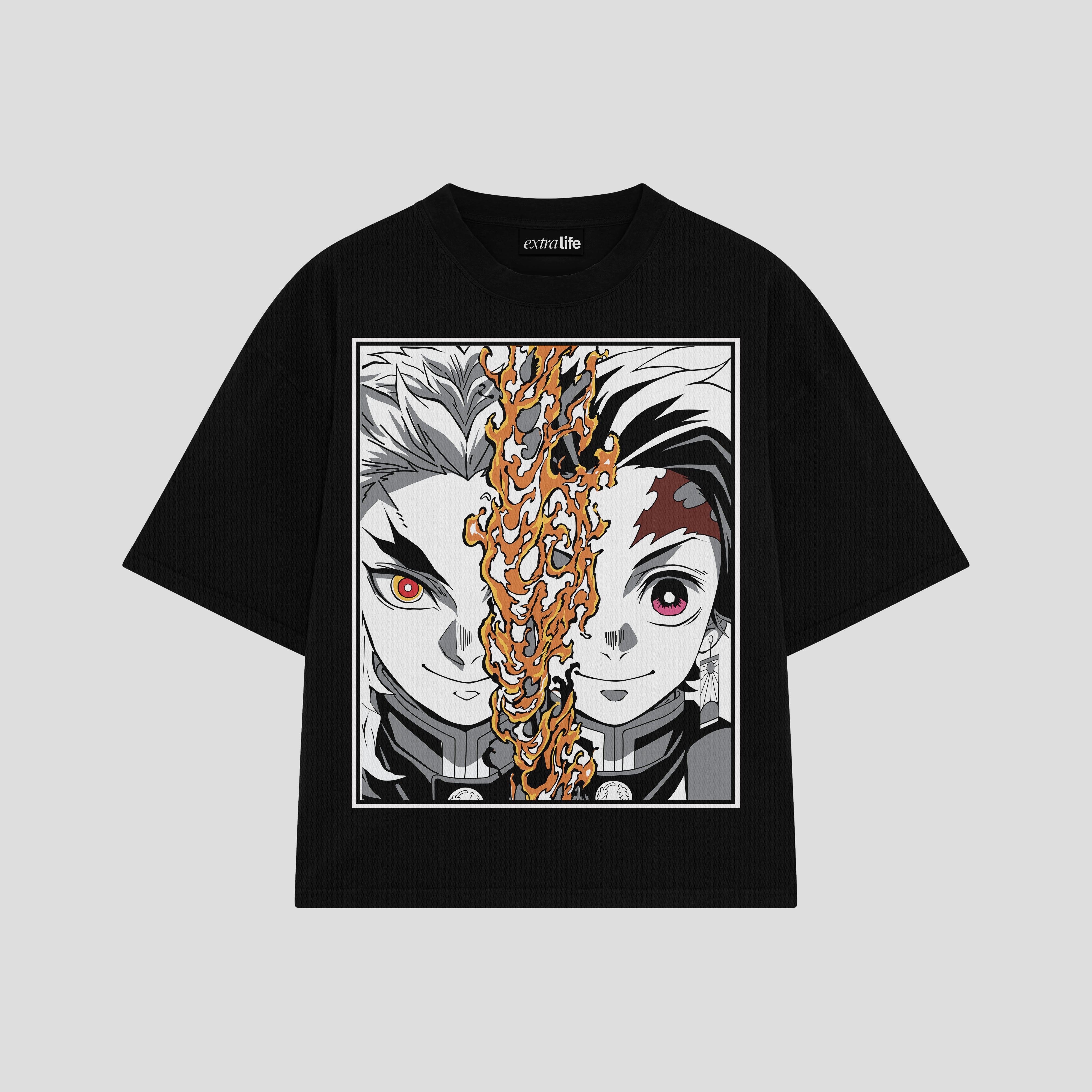 Playera streetwear premium de anime y gaming ExtraLife MX, corte boxy oversized drop shoulder heavyweight en color Deep Black y Off-White, moda urbana mexicana de culto.