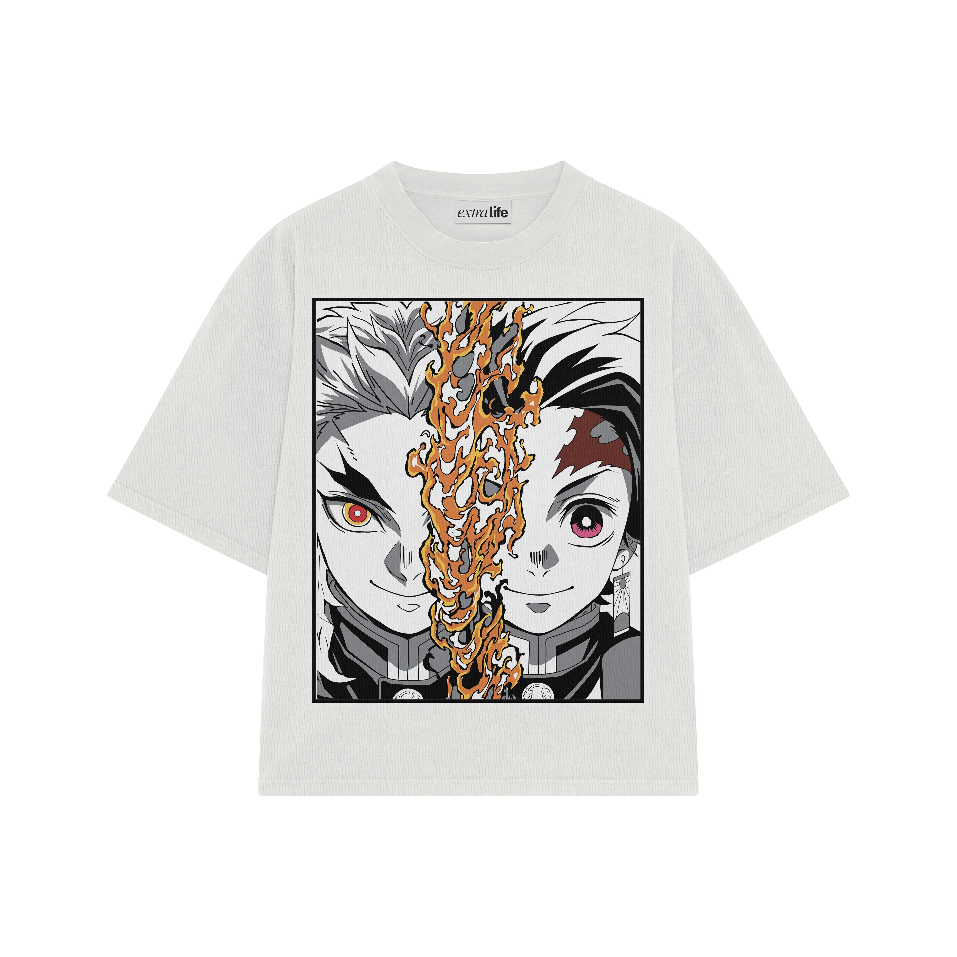Playera streetwear premium de anime y gaming ExtraLife MX, corte boxy oversized drop shoulder heavyweight en color Deep Black y Off-White, moda urbana mexicana de culto.