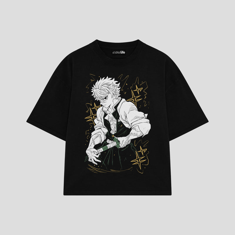 Playera streetwear premium de anime y gaming ExtraLife MX, corte boxy oversized drop shoulder heavyweight en color Deep Black y Off-White, moda urbana mexicana de culto.