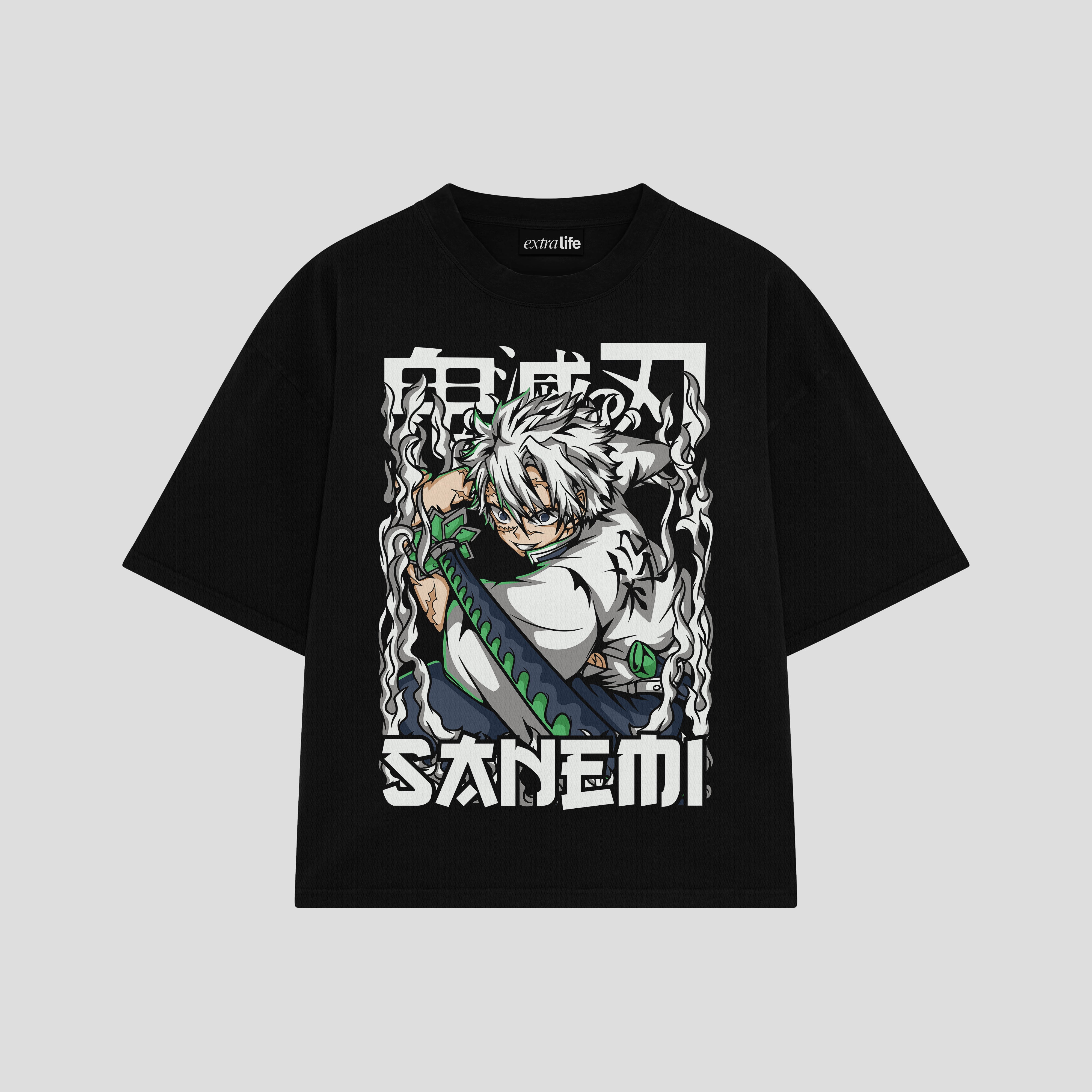 Playera streetwear premium de anime y gaming ExtraLife MX, corte boxy oversized drop shoulder heavyweight en color Deep Black y Off-White, moda urbana mexicana de culto.