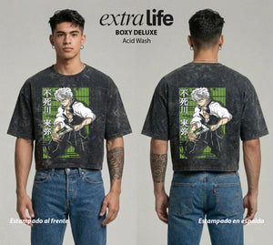 Playera streetwear premium de anime y gaming ExtraLife MX, corte boxy deluxe mineral wash heavyweight en color Acid Wash, moda urbana mexicana de culto.