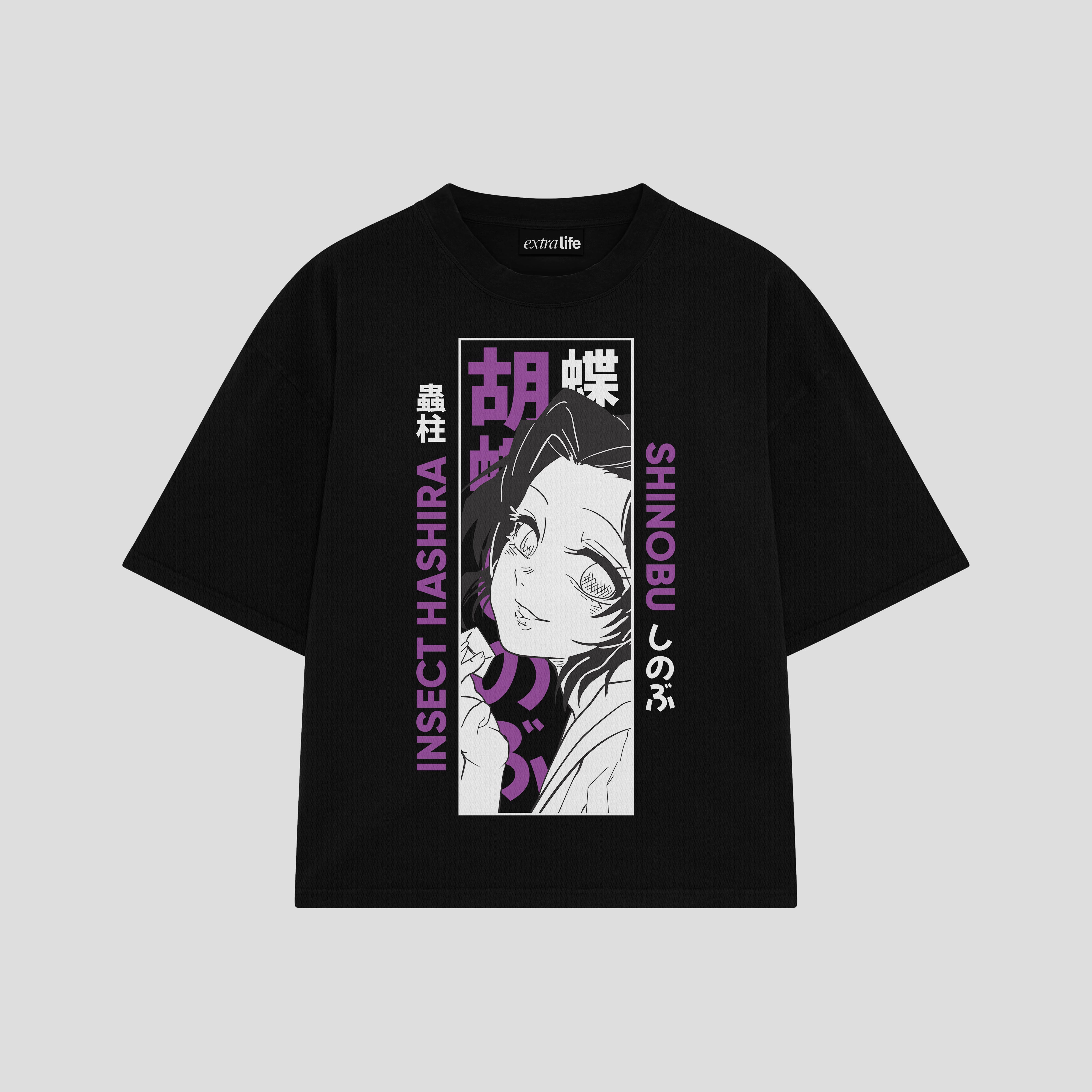Playera streetwear premium de anime y gaming ExtraLife MX, corte boxy oversized drop shoulder heavyweight en color Deep Black y Off-White, moda urbana mexicana de culto.