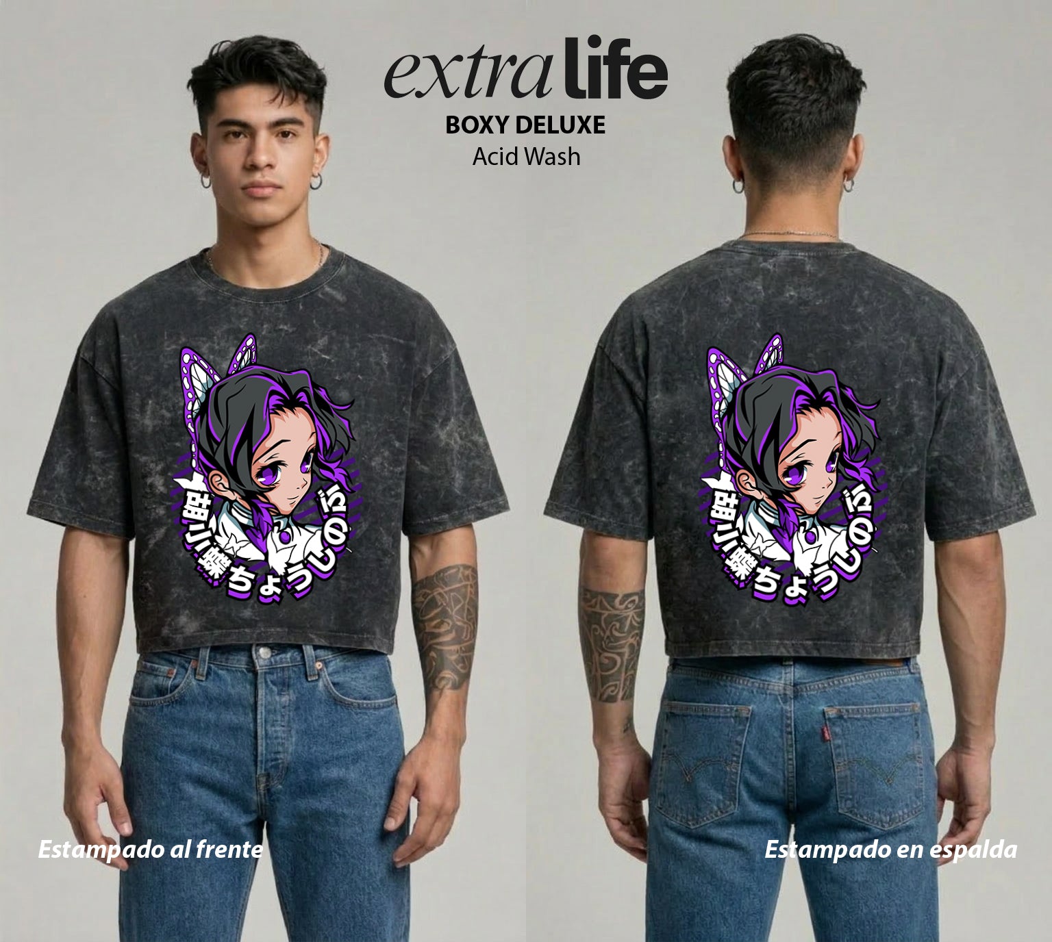 Playera streetwear premium de anime y gaming ExtraLife MX, corte boxy deluxe mineral wash heavyweight en color Acid Wash, moda urbana mexicana de culto.