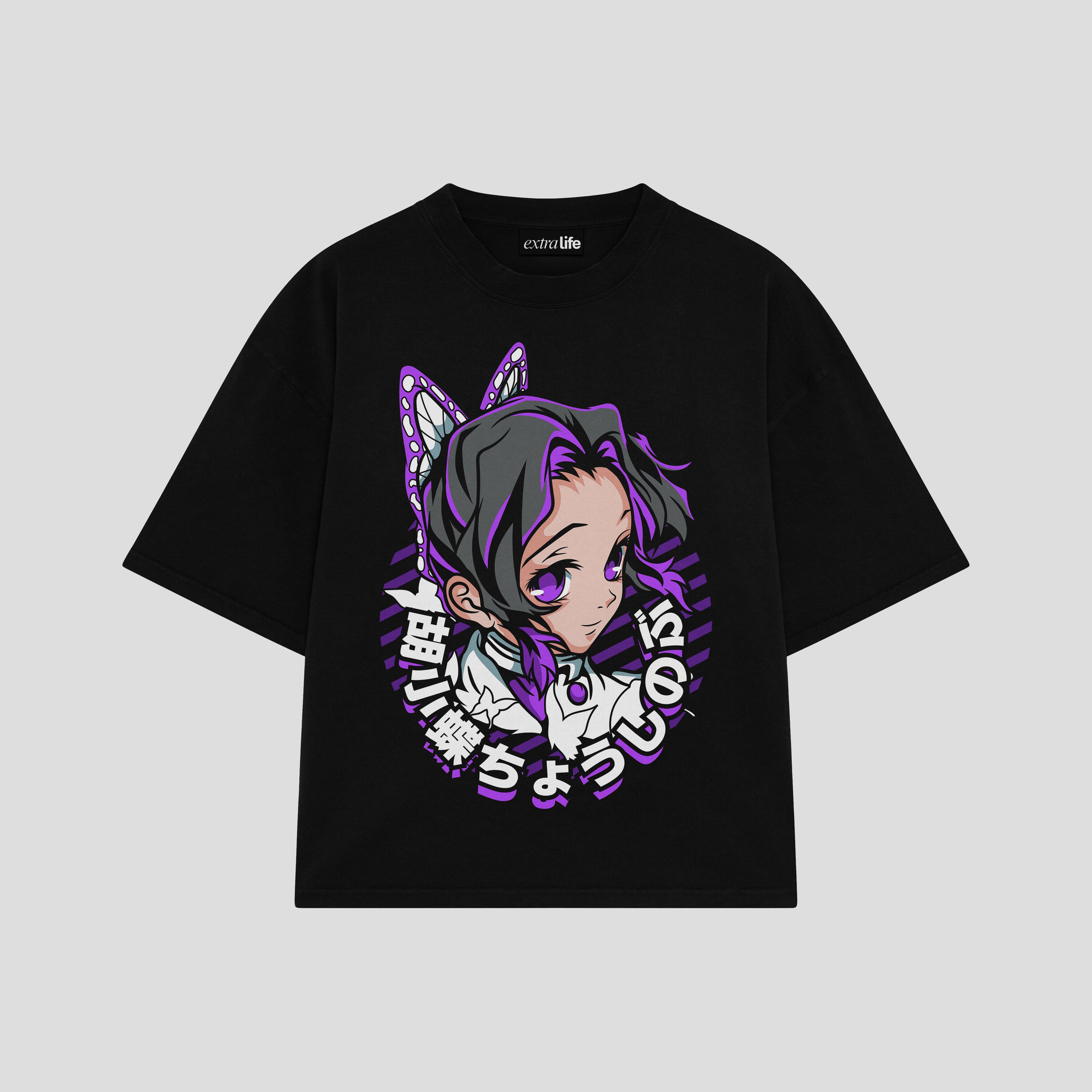 Playera streetwear premium de anime y gaming ExtraLife MX, corte boxy oversized drop shoulder heavyweight en color Deep Black y Off-White, moda urbana mexicana de culto.