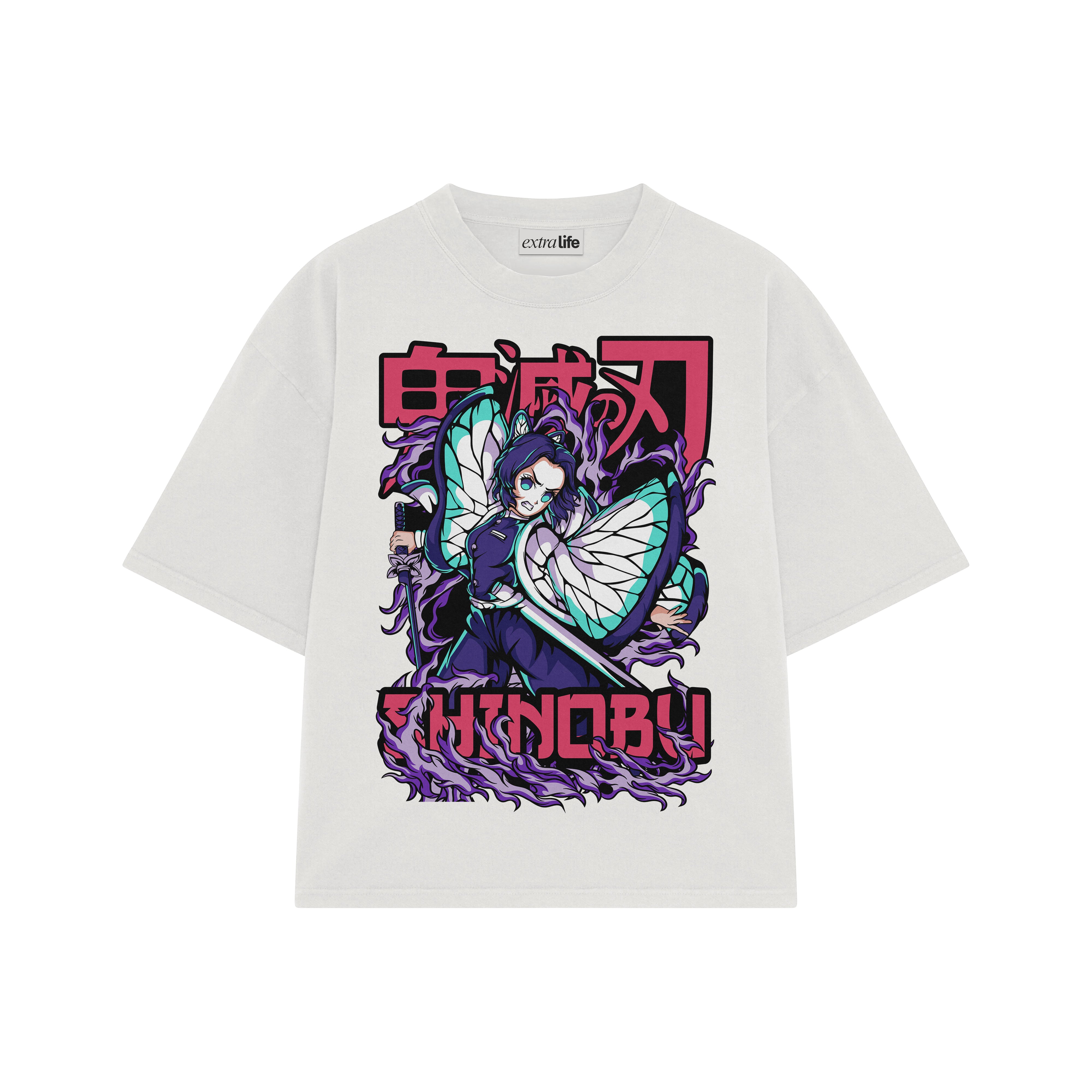 Playera streetwear premium de anime y gaming ExtraLife MX, corte boxy oversized drop shoulder heavyweight en color Deep Black y Off-White, moda urbana mexicana de culto.