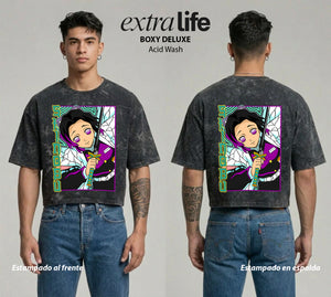 Playera streetwear premium de anime y gaming ExtraLife MX, corte boxy deluxe mineral wash heavyweight en color Acid Wash, moda urbana mexicana de culto.